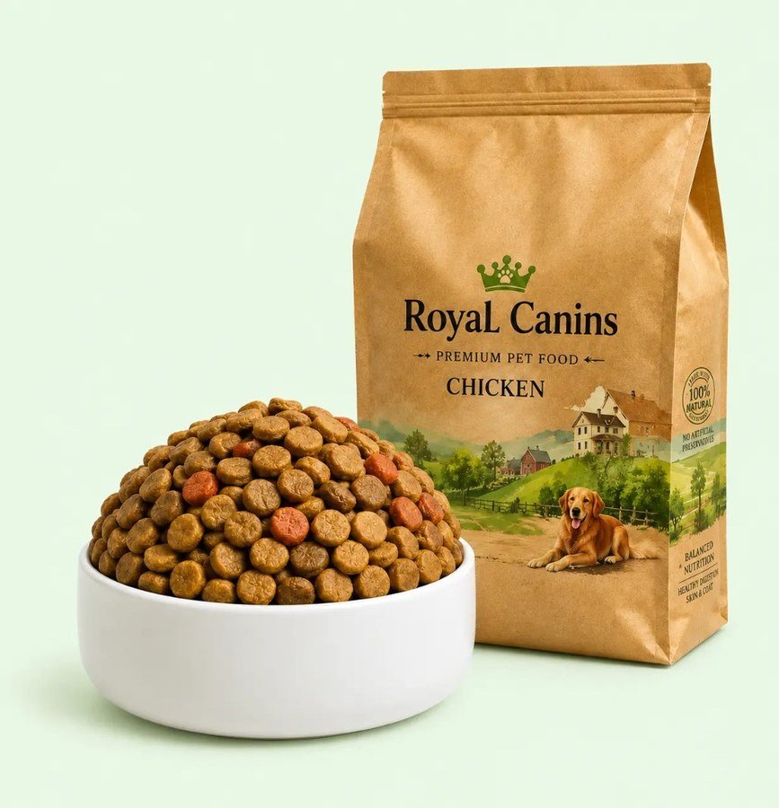 Bowl of pet food next to a bag of kibble