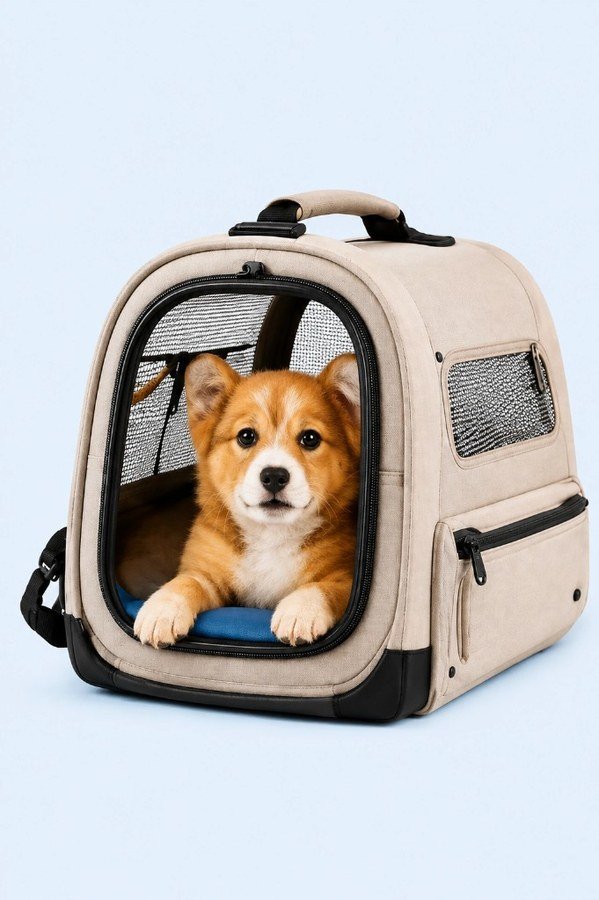 Small dog looking out from a pet carrier